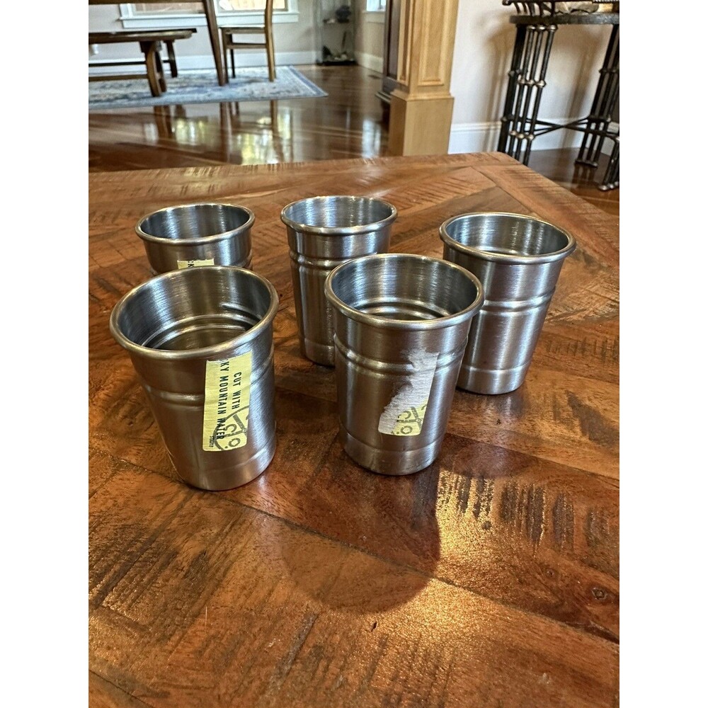 5 Tin Cup American Whiskey Stainless Steel Metal Shot Glass Cut Rocky Mtn Water
